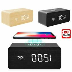 Modern Wooden Wood Digital LED Desk Alarm Clock Thermometer 